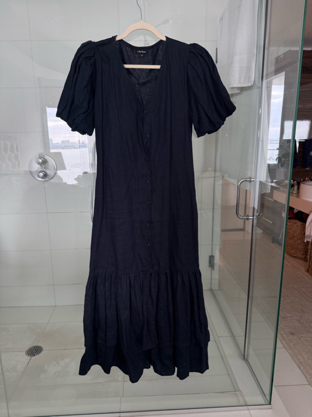 Black Puff-Sleeve Button-Front Maxi Dress